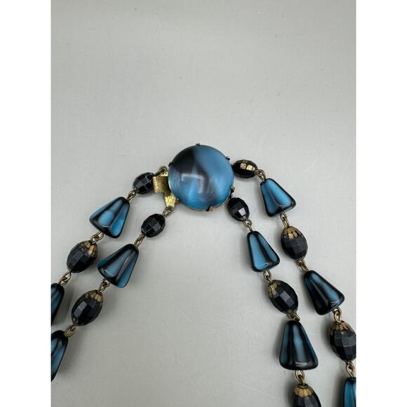 Vintage West Germany Two Strand Gold and Blue Bead Necklace - Picture 5 of 13